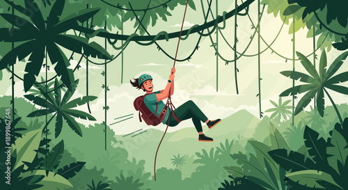 Woman ziplining through lush tropical jungle environment
