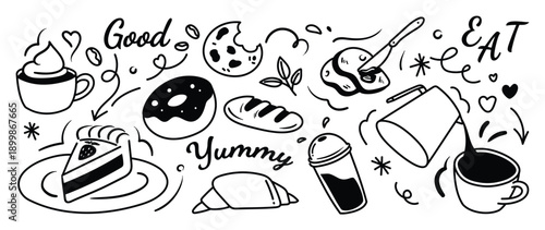 Food and coffee doodle vector illustration with cake slice, croissant, donut, cup, pouring drink and sweet icons in black and white. Hand drawn cafe menu design for posters, packaging and stickers.