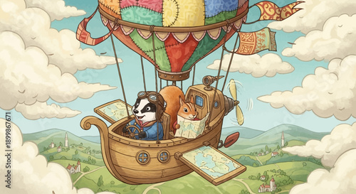 Adventurous Animals Soaring to New Heights in a Colorful Hot Air Balloon