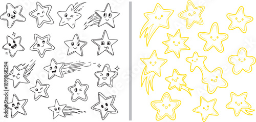 A dual-panel vector set of cute, hand-drawn star characters. Left shows black-outlined stars with diverse facial expressions and trails; right features a similar collection in bright yellow.