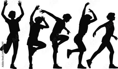 Silhouettes of energetic dancers performing modern choreography, expressive body movement poses, creative dance sequence isolated on white background for art, fitness, music and performance concepts