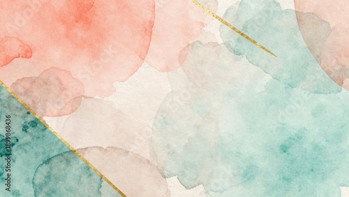 Watercolor abstract background with soft pink and teal brush strokes, gold diagonal lines, and textured paper surface, creating calm and elegant artistic design