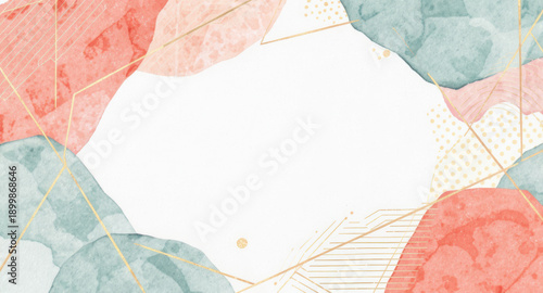 Watercolor abstract background with soft coral and teal shapes, gold geometric lines, and white center space, perfect for invitations, greeting cards, or modern stationery design