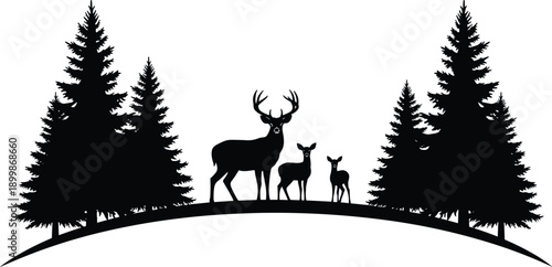 Forest deer family silhouette vector illustration featuring a buck doe and fawn in a pine tree landscape isolated on white background for nature wildlife design.