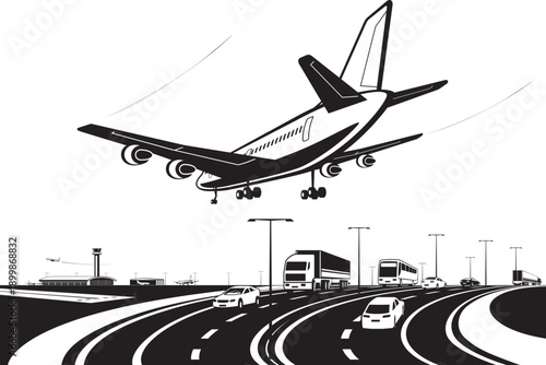 Passenger airplane landing over highway near airport – vector illustration