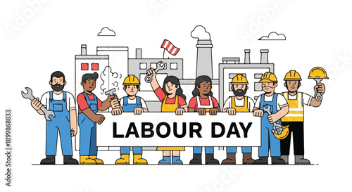 Illustration of diverse workers holding a Labour Day sign in front of an industrial background with factories and smokestacks.