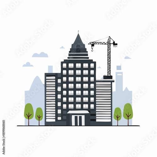 Modern Office Building Under Construction with Crane, Blue Sky, and Trees - Illustration