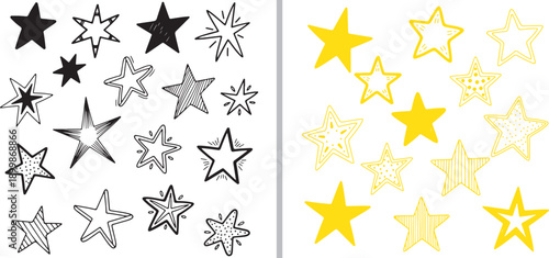 Hand-drawn vector set featuring whimsical star doodles and bursts in black and vibrant yellow line art, showcasing various sketchy textures, outlines, and solid fills on a white background.