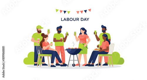 Flat illustration of people celebrating Labour Day with a barbecue and festive decorations in a colorful outdoor setting.