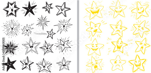 A dual-panel vector set of expressive hand-drawn stars. Left shows black-outlined characters with various facial expressions; right displays a grid of yellow stars with matching emotive faces.