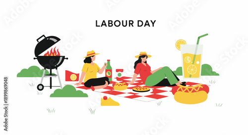 Illustration of people having a picnic with a grill and food on a Labour Day celebration with a Canadian flag