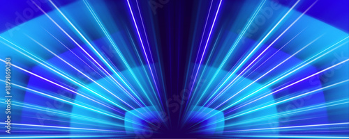 Twirling neon light waves form spirals and loops across a dark cyberspace scene. Motion blur enhances perception of speed and energy. Futuristic glowing.