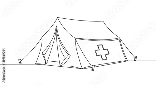 Medical cross tent illustrated in simple line art style  