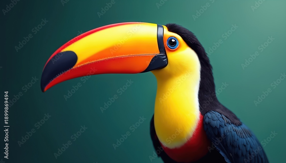Fototapeta premium Close up portrait of colorful toucan bird with big beak. Wild avian creature in profile against soft green background. Nature wildlife animal.