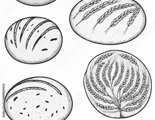 A handdrawn set of five round bread loaves with wheat ears in a black and white sketch style.