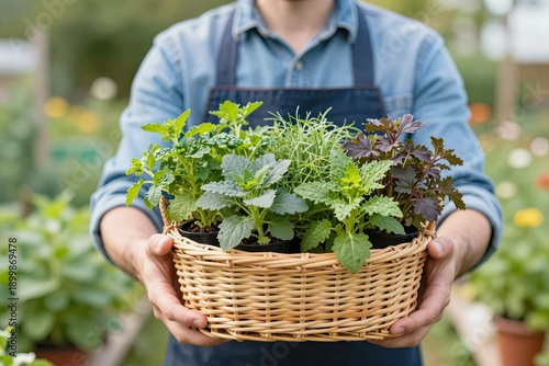 A man with a basket of fresh, vibrant plants in a lush garden
