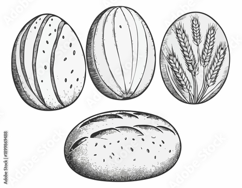 A handdrawn set of five round bread loaves with wheat ears in a black and white sketch style.