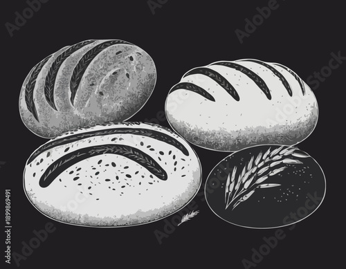 A handdrawn set of five round bread loaves with wheat ears in a black and white sketch style.