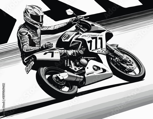 High-Speed Motorcycle Cornering Illustration in Detailed Black and White Style