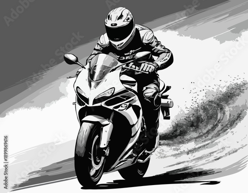 High-Speed Motorcycle Cornering Illustration in Detailed Black and White Style