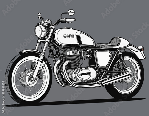 Detailed line drawing of a classic cafe racer motorcycle design with visible engine details