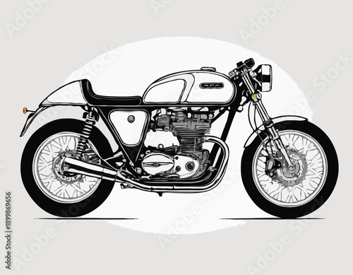 Detailed line drawing of a classic cafe racer motorcycle design with visible engine details