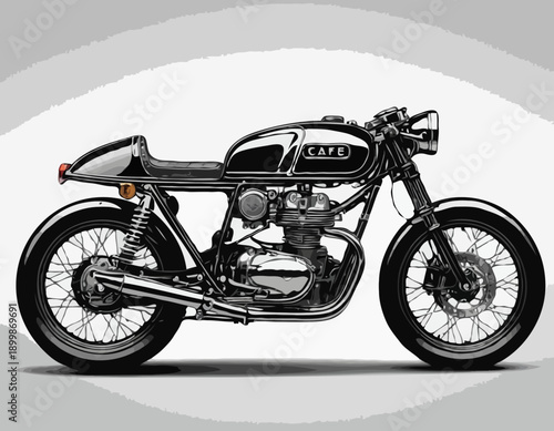 Detailed line drawing of a classic cafe racer motorcycle design with visible engine details