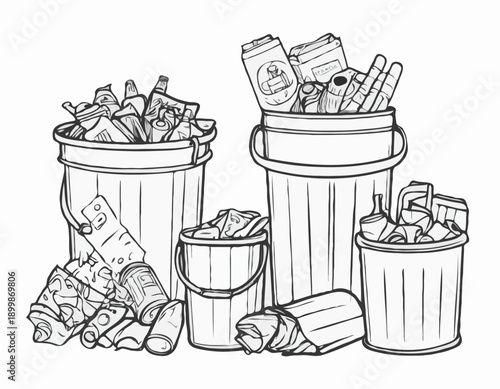 Handdrawn black and white line art set of recyclable waste trash and garbage icons.
