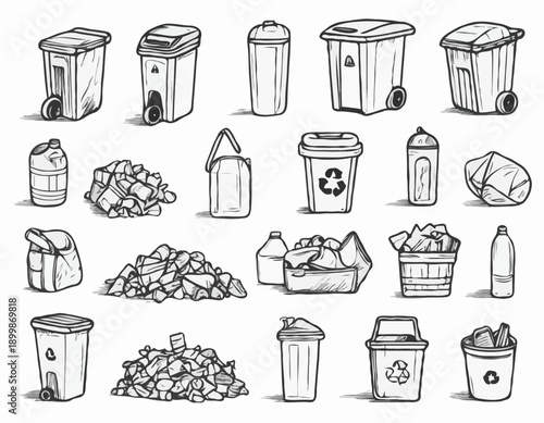 Handdrawn black and white line art set of recyclable waste trash and garbage icons.