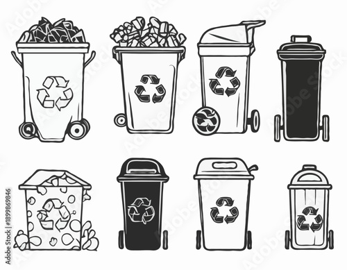 Handdrawn black and white line art set of recyclable waste trash and garbage icons.