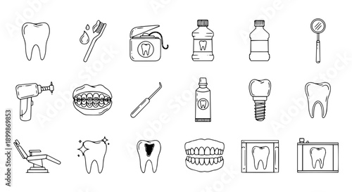 Set of dental care and stomatology linear icons isolated on transparent background. Vector collection of dentistry equipment including tooth, braces, implant, and toothbrush.