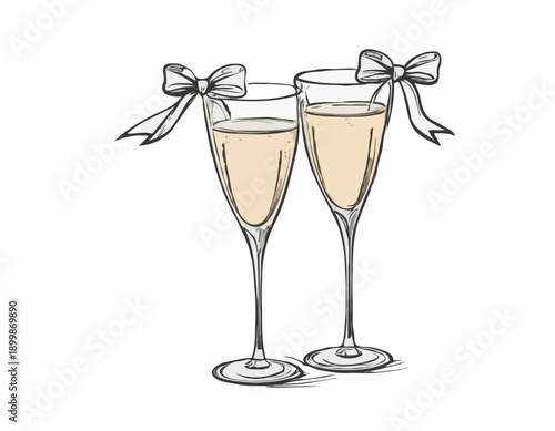 Handdrawn sketch of two champagne coupe glasses toasting one decorated with a ribbon bow.