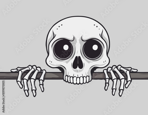 A curious cartoon skeleton skull with large eyes and bony hands peeking over a horizontal line.