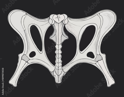Anatomical handdrawn illustration of the human pelvis bone structure.