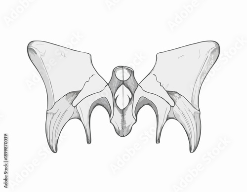 Anatomical handdrawn illustration of the human pelvis bone structure.
