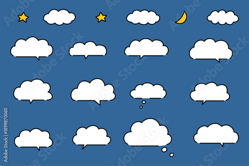 雲型のかわいい吹き出しと月と星の素材セット