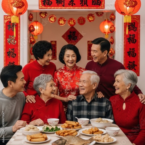 Multi-generational Asian family celebrating Chinese New Year with a festive meal.