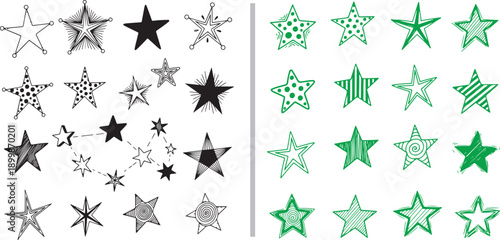Hand-drawn vector collection of assorted stars in black and green line art, featuring patterns like dots, stripes, and solid fills, plus a whimsical constellation on a white background.