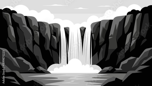 Majestic monochrome waterfall cascades down sheer rock faces into a serene pool below