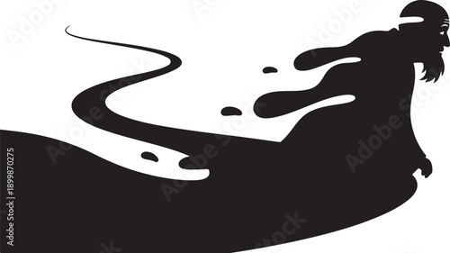 Silhouette of woman with flowing hair and dress design