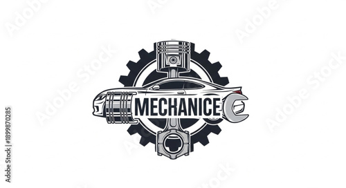 Mechanics Logo with Car Engine and Gear.