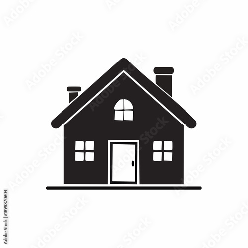 A simple black and white illustration of a detached house with a chimney, front door, and windows, representing a dwelling or residence
