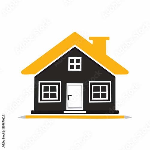 A modern dark grey house with a yellow roof and chimney, symbolizing home ownership and real estate with a minimalist design