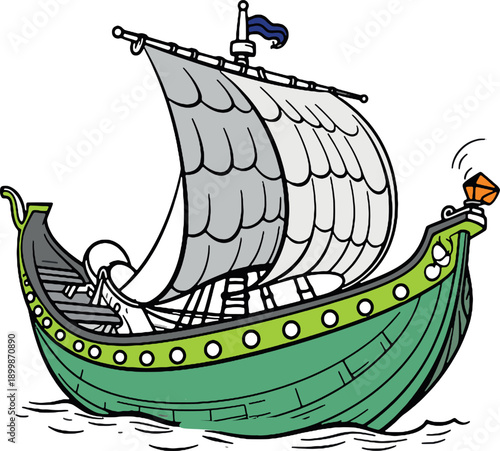 Cartoon style vector illustration of an ancient Viking ship with large sail floating on the sea. Features bold outlines, flat colors, and playful design. Represents Viking culture, ancient navigation,