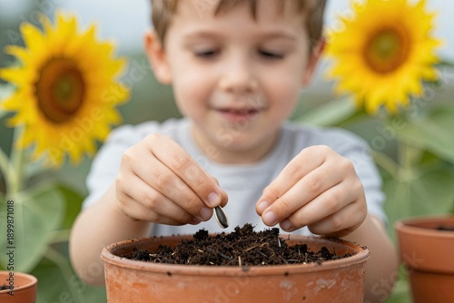 A child in a garden planting a seed in a small pot