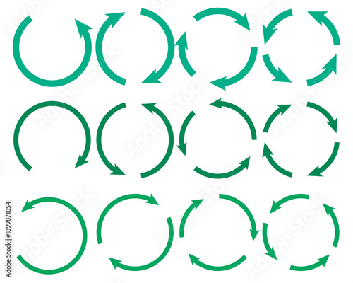 Set of circle arrows rotating on white background. Refresh, reload, recycle, loop rotation sign collection. Black circle arrows for infographics, web design. Vector illustration, flat style, clip art
