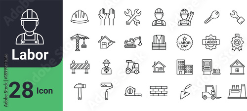 Construction and labor icons workers tools and building elements