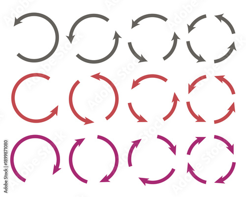 Set of circle arrows rotating on white background. Refresh, reload, recycle, loop rotation sign collection. Black circle arrows for infographics, web design. Vector illustration, flat style, clip art
