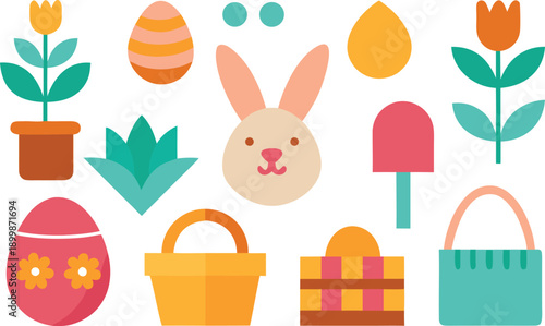 A collection of colorful easter elements including a bunny, eggs, tulips, and baskets Vector, illustration
