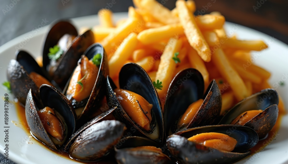 Obraz premium Cooked mussels and french fries served on white plate. Seafood dish with herbs and sauce. Delicious meal ready to eat. Lunch or dinner cuisine.